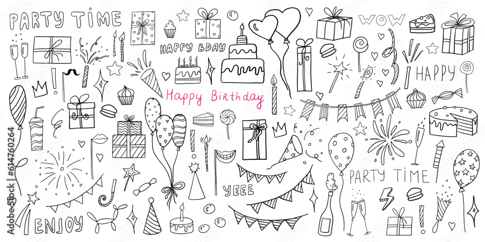 Cute big celebration clipart set in doodle style. Party time clipart with gifts, delicious, cake, quotes, balloons, candles, garland and fireworks. Great for party, birthday, children's holiday. 