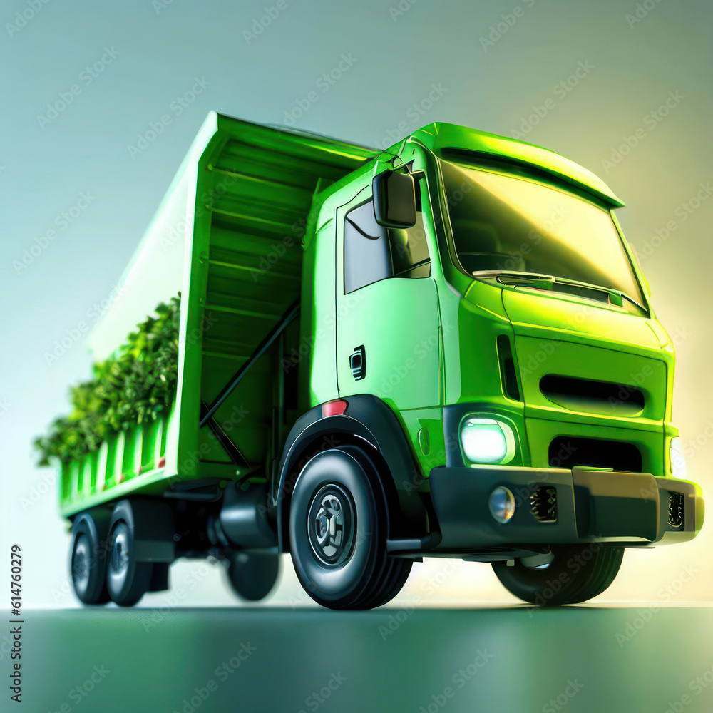 Green truck full of seedlings, transport concept to restore nature.Generative AI