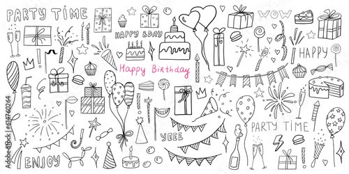 Cute big celebration clipart set in doodle style. Party time clipart with gifts  delicious  cake  quotes  balloons  candles  garland and fireworks. Great for party  birthday  children s holiday. 