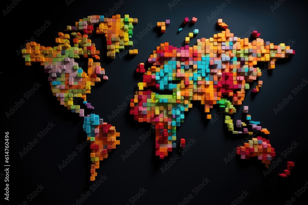 © masharinkaphotos - World map made of colored cubes and blocks, abstract background. Generative AI © masharinkaphotos - World map made of colored cubes and blocks, abstract background. Generative AI