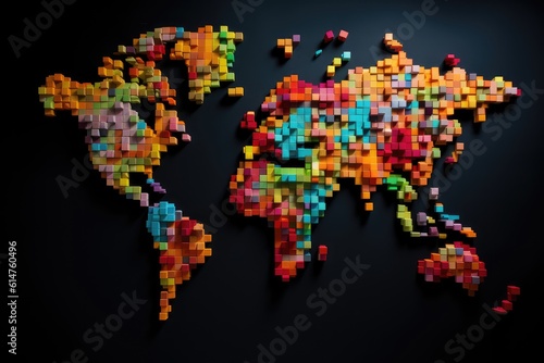 World map made of colored cubes and blocks  abstract background. Generative AI