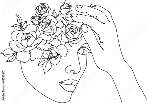 Abstract face with flowers by one line vector drawing. Portrait minimalistic style. Botanical print. Nature symbol of cosmetics. Modern continuous line art. Fashion print. Beaty salon logo.