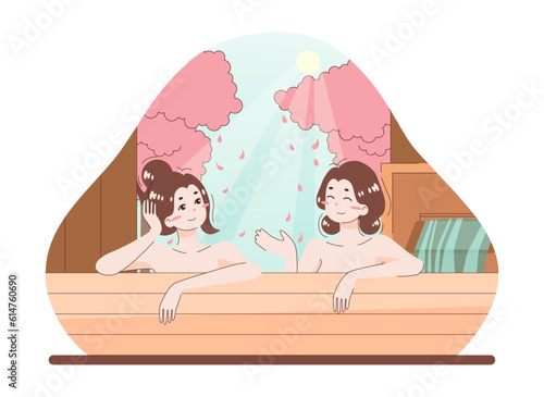 Asian people enjoying their free time. Japanese characters bathing