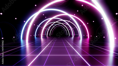 Fototapeta Naklejka Na Ścianę i Meble -  Neon Line Tunnel glowing Fluorescent light corridor stage 3D illustration background