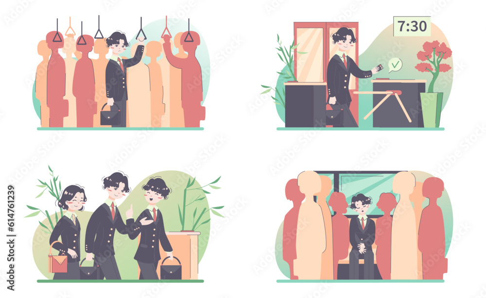 Daily routine of a japanese man set. Modern clerk working, spending Daily routine of a japanese man set. Modern clerk working, spending