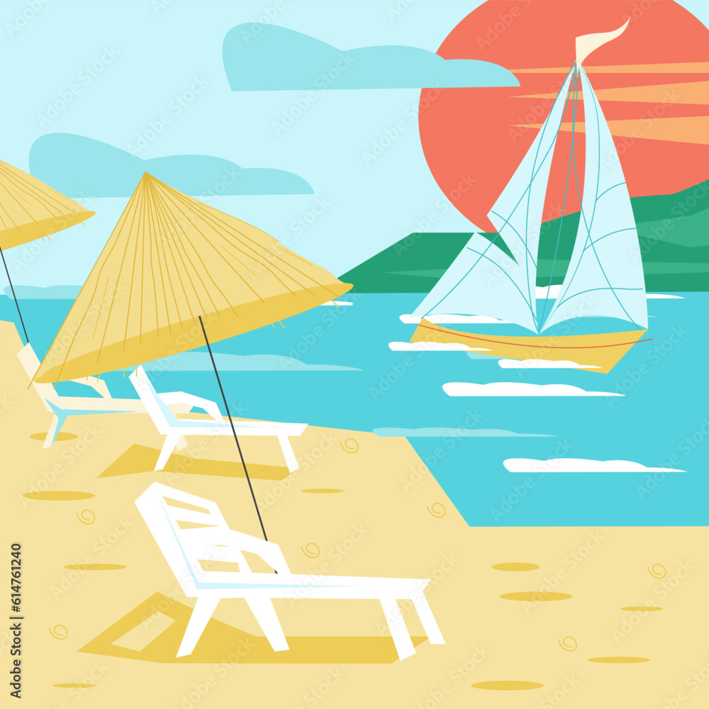 Summer poster or banner backdrop with beach seascape, flat vector.