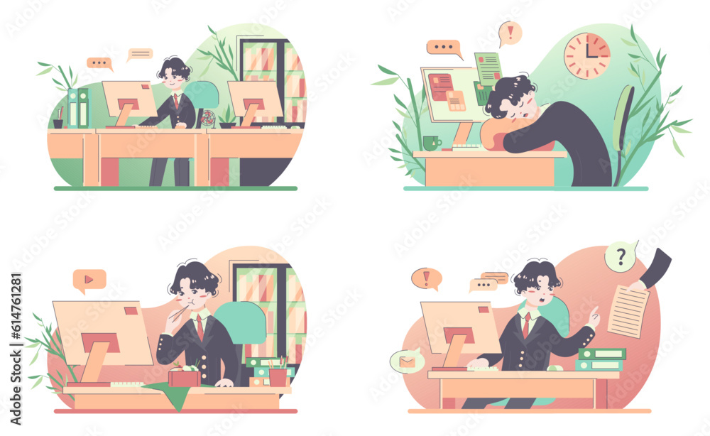 Fototapeta premium Daily routine of a japanese man set. Modern clerk working, spending