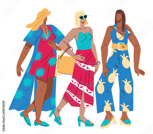 Fashionista women or fashion models group in summer clothing, flat vector illustration isolated on white background. Women in summer or beach outfit. New season collection.