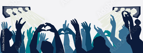 Rock concert music festival background with crowd of people greeting rock band, flat vector illustration. Backdrop for music festival or concert.
