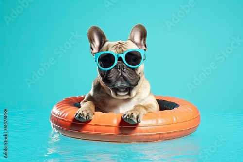 Fototapeta samoprzylepna pies cieszący się latem na nadmuchiwanym kole w okularach przeciwsłonecznych