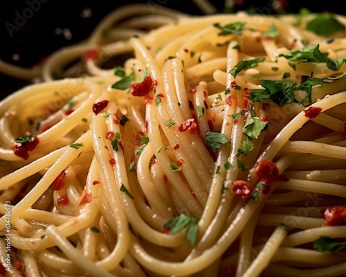 Spaghetti Aglio e Olio with garlic, red pepper flakes, and parsley on a white plate