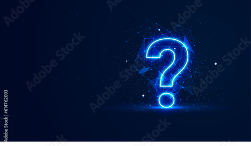 Futuristic glowing question mark with plexus lines and glitter particles. A question mark in the neon light style. 3D abstract copy space in the night view. Digital technology background photo