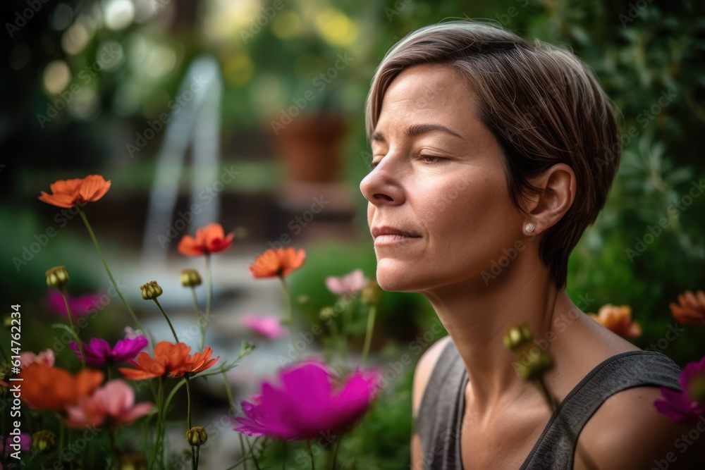 Naklejka premium Portrait of a beautiful young woman smelling flowers in the garden. Generative AI