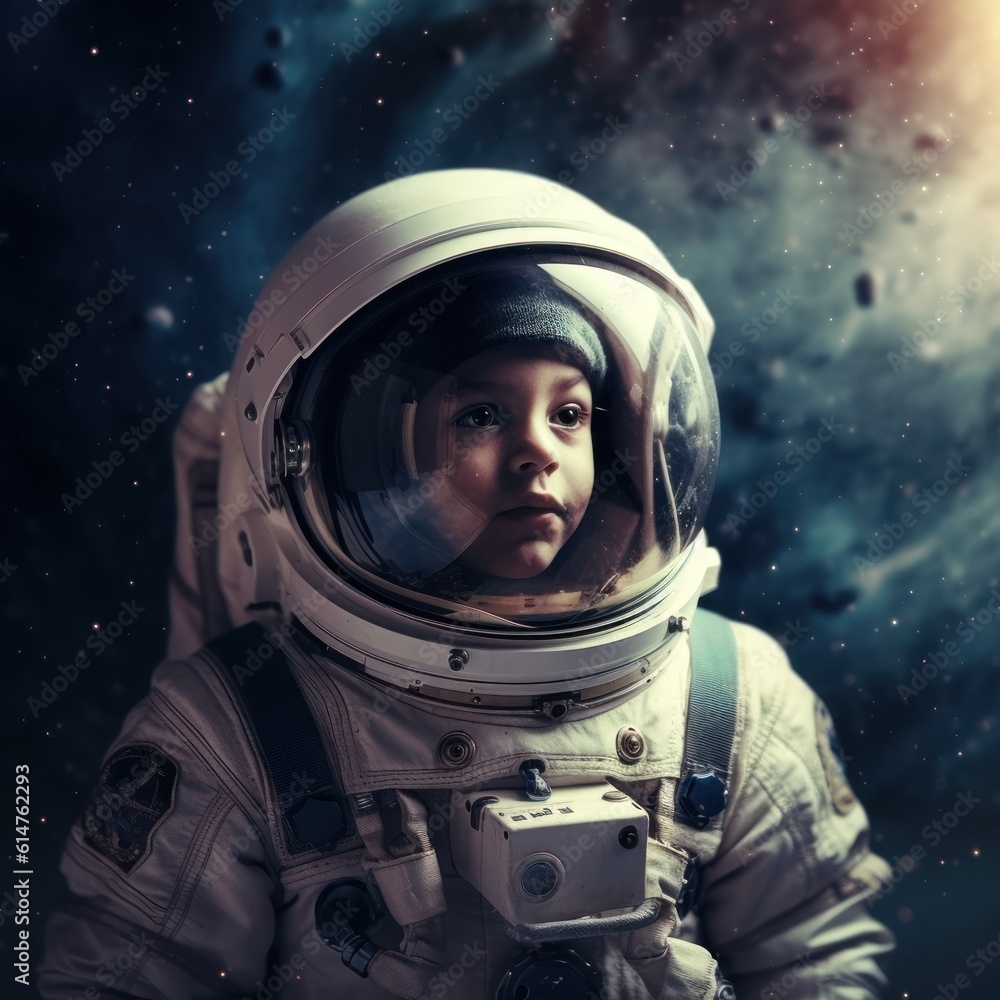 Portrait of a cute little girl in astronaut costume. Space theme. Generative AI Portrait of a cute little girl in astronaut costume. Space theme. Generative AI