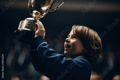 Little boy holding a trophy in his hands and looking at the camera, Generative AI