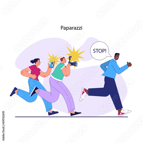 Celebrity routine. Movie or music star, famous person run from paparazzi.