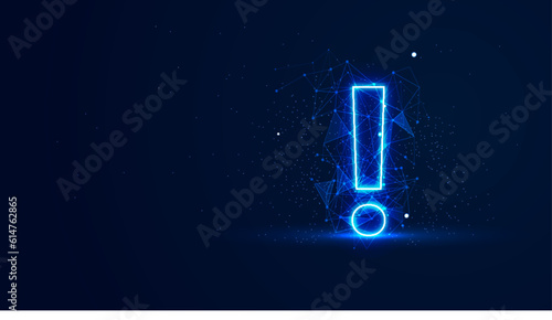 Futuristic glowing exclamation mark with plexus lines and glitter particles. An exclamation mark in the neon light style. 3D abstract copy space in the night concept. Digital technology background