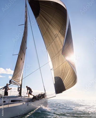 Fotografie Wind pulling sail on sailboat on sunny ocean