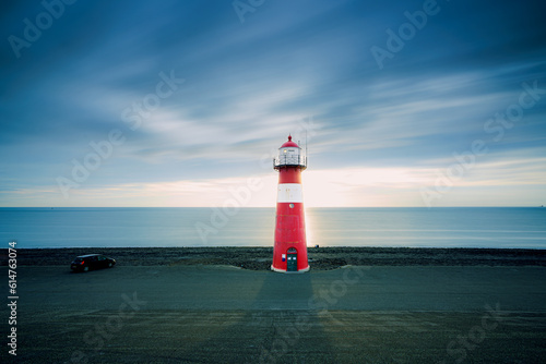 Red & white vintage lighthouse at dutch coast in west kapelle