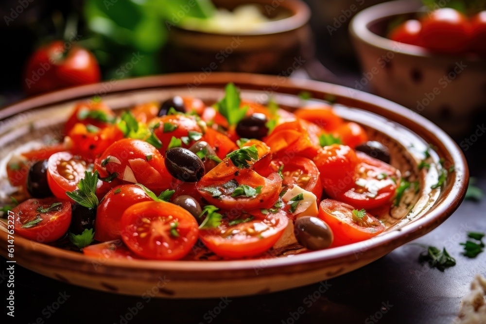 Baccalà alla Romana dish with tomatoes, olives, and capers on a plate Baccalà alla Romana dish with tomatoes, olives, and capers on a plate
