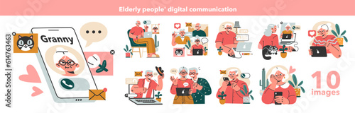 Modern old characters using internet, phone and computer set