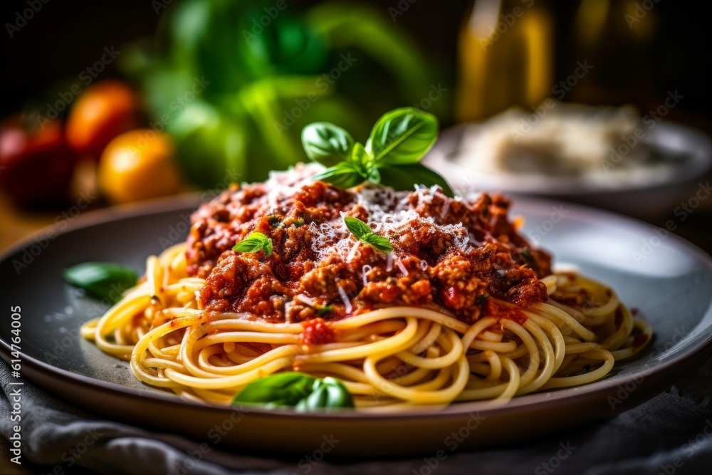 Spaghetti Bolognese topped with grated parmesan cheese and fresh basil leaves on a white plate Spaghetti Bolognese topped with grated parmesan cheese and fresh basil leaves on a white plate