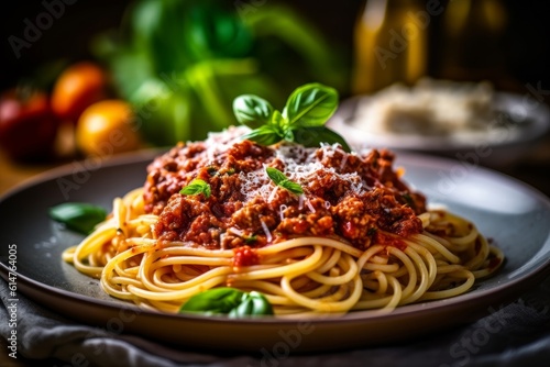 Spaghetti Bolognese topped with grated parmesan cheese and fresh basil leaves on a white plate
