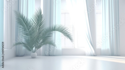 Light blue wall with shade and plant on the floor in a vase