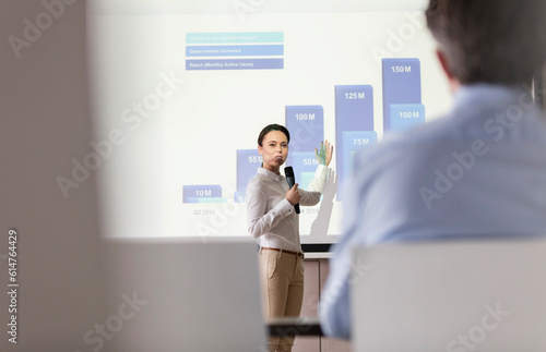 Businesswoman microphone speaking at projection screen bar chart photo