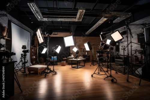 A close - up view of a modern photo studio, showcasing the professional equipment and setup. Generative AI