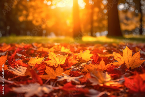 Autumn nature background with carpet of orange and yellow leaves