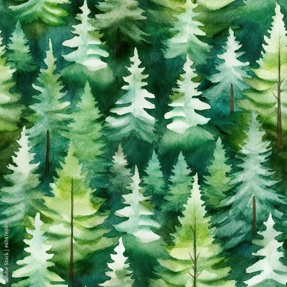Watercolor pine and fir trees seamless pattern background