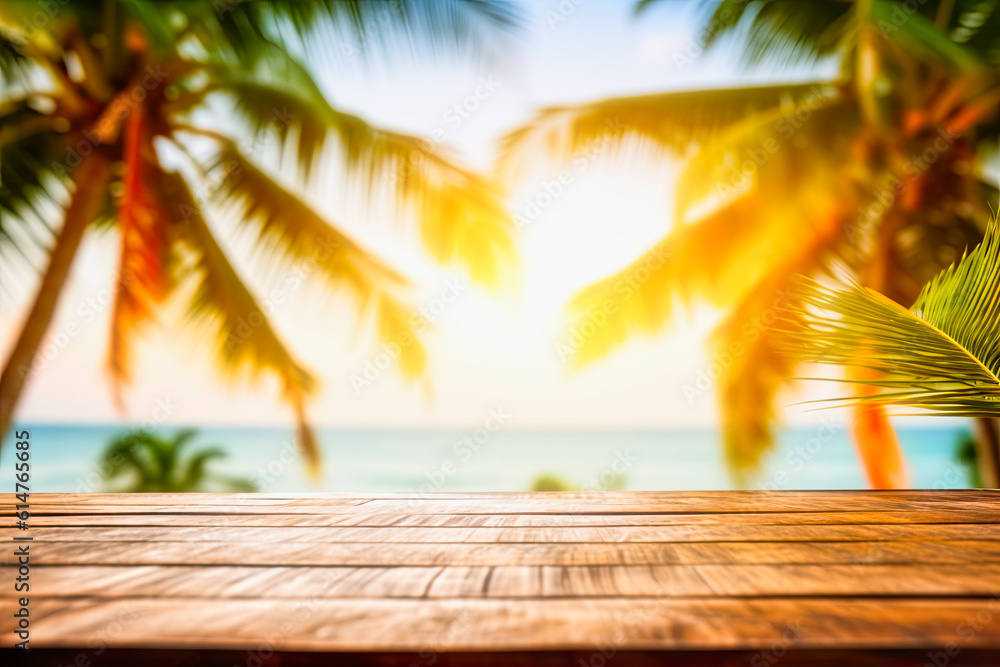 Wood table with seascape and palm trees Wood table with seascape and palm trees