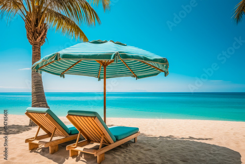 Deckchairs and parasol with palm trees in tropical beach
