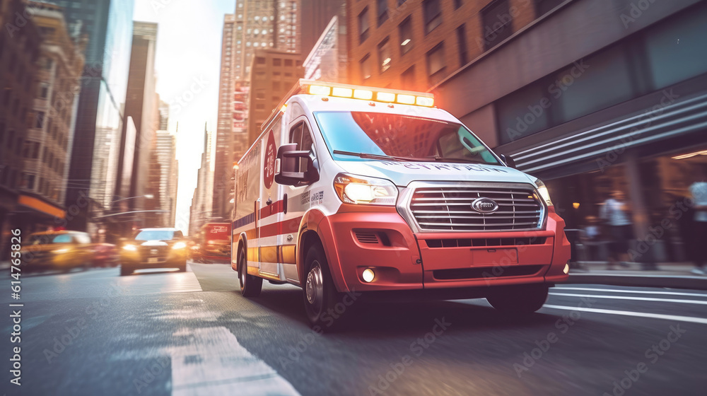 Ambulance rescue van on highway. Ambulance Vehicle Truck. Ambulance Driver. Medical truck with red emergency lights Ambulance rescue van on highway. Ambulance Vehicle Truck. Ambulance Driver. Medical truck with red emergency lights