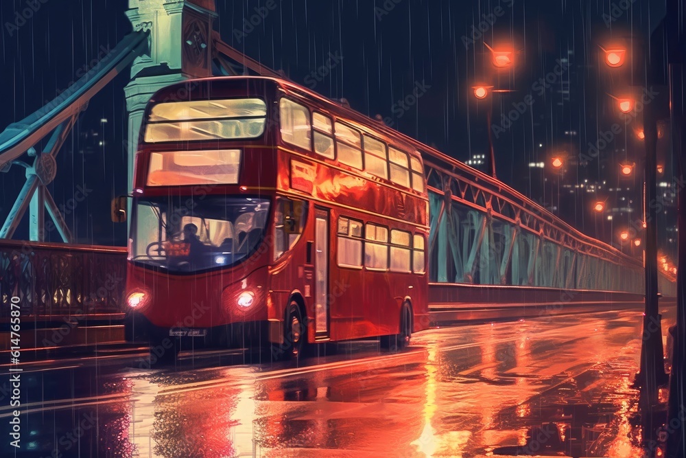 Close - up shot, charm of London at night as a red double - decker bus gracefully crosses. Generative AI