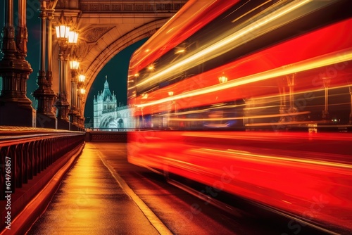 Close - up shot  charm of London at night as a red double - decker bus gracefully crosses. Generative AI