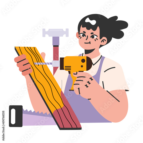 Female carpenter holding wooden plank. Wooden furniture maker