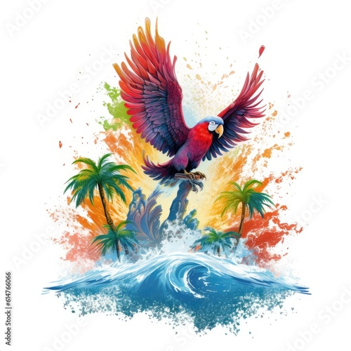 Ara parrot, vector design for t-shirt, splashes and waves, bright tropical design, california, miami
