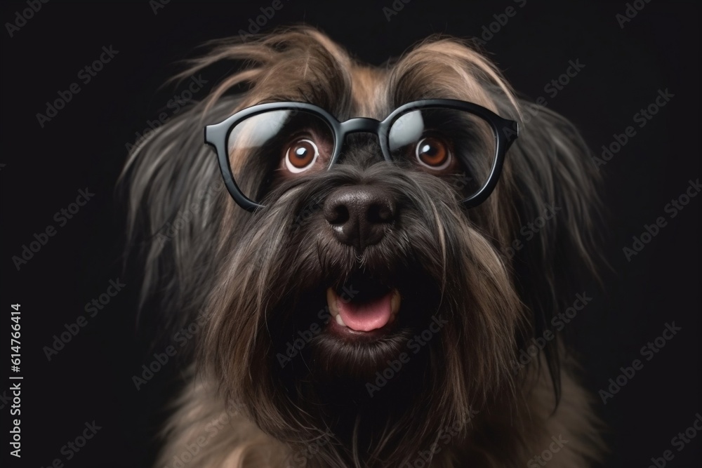 Surprised Briard Dog with Glasses Cute and Shocked Expression. Generative AI