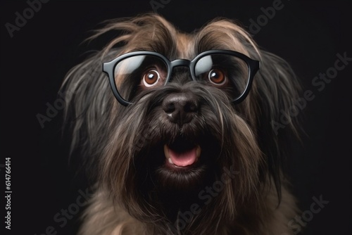 Surprised Briard Dog with Glasses Cute and Shocked Expression. Generative AI