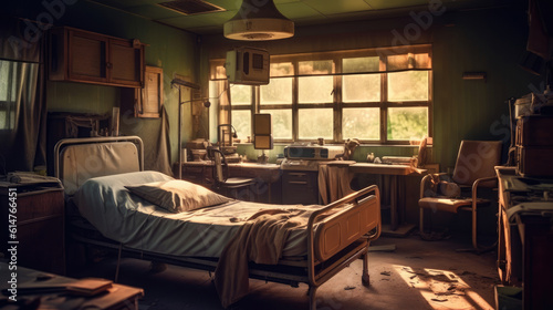 The inside of the patient room in the hospital is damaged because of the war