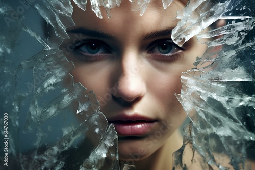 a woman with a precarious and anxious look through a sheet of cracked ice, ominous atmosphere. generative AI