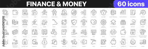 Finance and money line icons collection. Banking, pay, coin, cash icons. UI icon set. Thin outline icons pack. Vector illustration EPS10