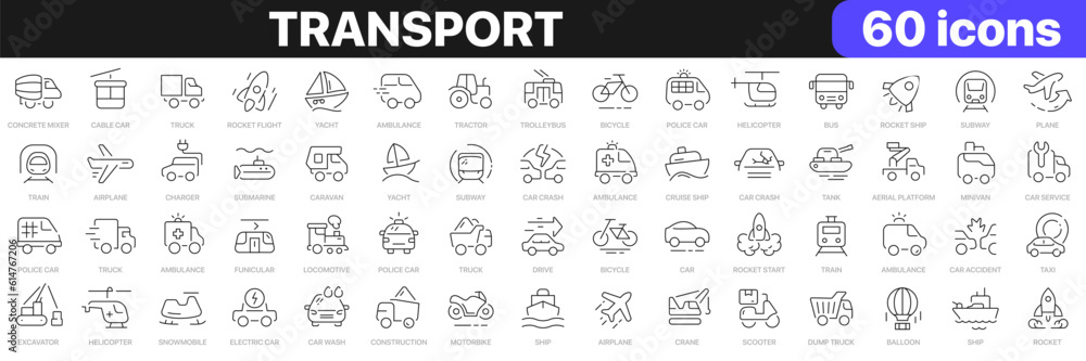 Transport line icons collection. Car, truck, ship, plane, bike, train icons. UI icon set. Thin outline icons pack. Vector illustration EPS10 Transport line icons collection. Car, truck, ship, plane, bike, train icons. UI icon set. Thin outline icons pack. Vector illustration EPS10