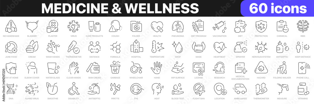 Medicine and wellness line icons collection. Ambulance, hospital, medicine, anatomy icons. UI icon set. Thin outline icons pack. Vector illustration EPS10