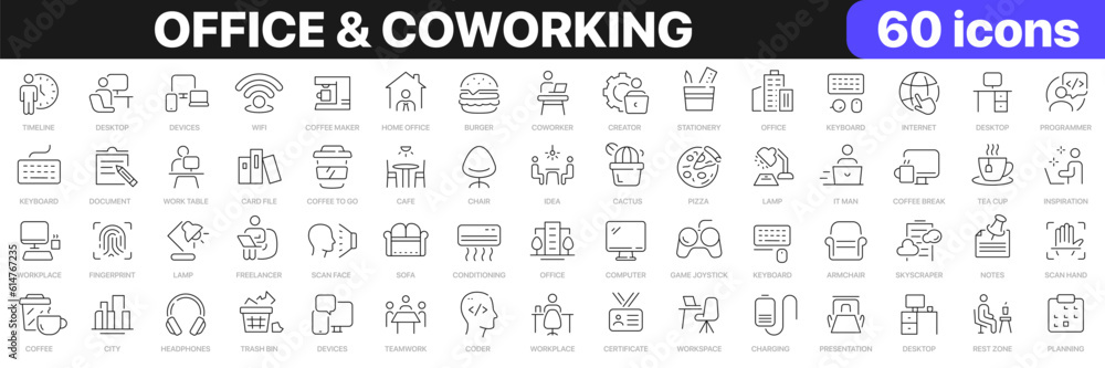Office and coworking line icons collection. Workplace, workspace, teamwork, fast food icons. UI icon set. Thin outline icons pack. Vector illustration EPS10