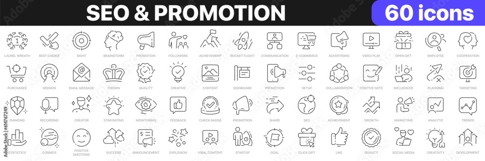 SEO and promotion line icons collection. Advertising, feedback, marketing, social media icons. UI icon set. Thin outline icons pack. Vector illustration EPS10 SEO and promotion line icons collection. Advertising, feedback, marketing, social media icons. UI icon set. Thin outline icons pack. Vector illustration EPS10