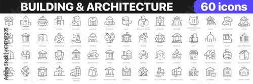 Building and architecture line icons collection. Bank  temple  office  factory  shop  hotel  hospital icons. UI icon set. Thin outline icons pack. Vector illustration EPS10