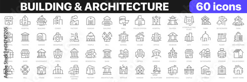 Building and architecture line icons collection. Bank, temple, office, factory, shop, hotel, hospital icons. UI icon set. Thin outline icons pack. Vector illustration EPS10